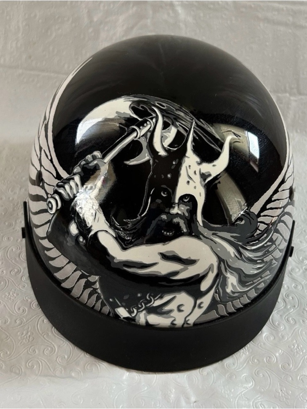 Black Motorcycle Half Helmet with White Grim Reaper Wing Graphic - Picture 2 of 9